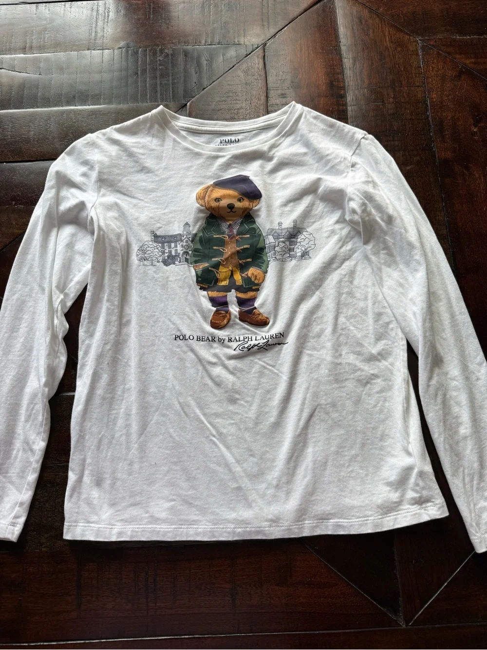 Ralph Lauren White Long-Sleeve Polo Bear Tee with Green Jacket